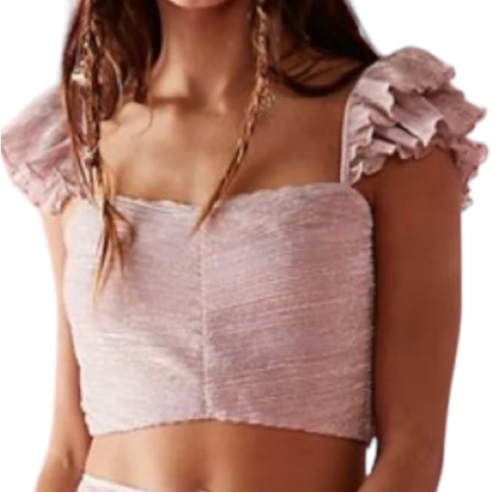 New Saylor x Free People Elinor XS & S Pink Metallic Gold Ruffle Crop Top